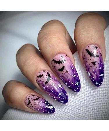 Halloween Press on Nails Medium Almond Fake Nails Purple Magic Bat False Nails with Purple Flame Designs Star Moon Halloween Glue on Nails Acrylic Nails Halloween Stick on Nails for Women 24 Pcs Q12