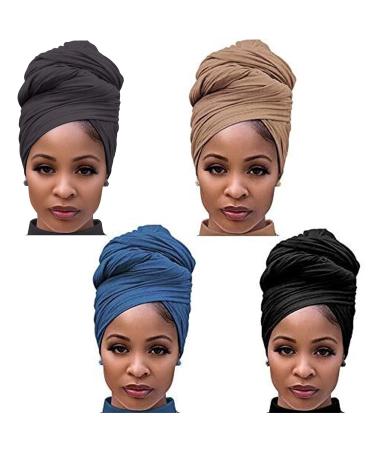 4 Packs Stretch Jersey Turban Head Wrap Scarf African Headwraps for Women Head Wraps Long Hair Scarf Ultra Soft Breathable Solid Color Turban Tie Large Headband (Black Dark Grey Light Brown Blue) Black+dark Grey+light Brown+blue