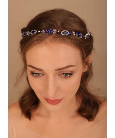 Denifery Bridal Headpiece Blue Sapphire Rhinestone Headband Blue Crystal Hair Vine Silver Bridal Headbands for Wedding Party Wedding Hair Jewelry