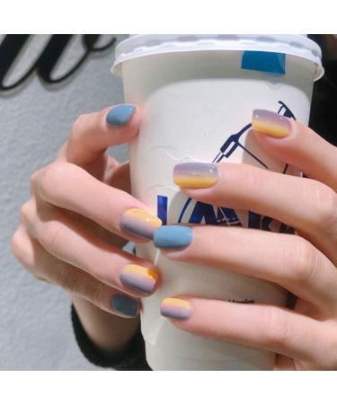 Sethexy Shine Brief fingers fingernails blue Gradient false nails square nails to stick 24st acrylic art you press on nail tips for women and girls