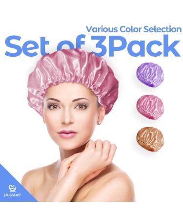 PUSSAER 4Pack Printed Shower Cap for Women - Reusable Extra Large Shower Hair Hat - Double Waterproof Protection - Grape Purple, Coffee Brown, Romantic Pink - 13 inches - Buy Online on GoSupps.com