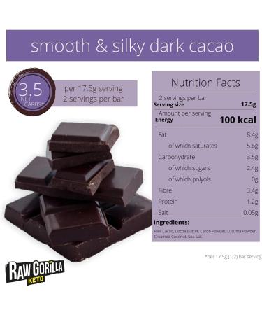  Raw Gorilla Raw Gorilla Smooth & Dark Keto Chocolate Single Bar (35g) Smooth and dark | No added sugar | Vegan | Organic | Sugar-free | Sugar-free chocolate | Ideal for diabetics - Buy Online on GoSupps.com