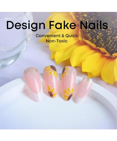 Sunflowers Press on Nails - Medium Almond Glossy White French Tips | 24Pcs Acrylic False Nails with Gold Foil for DIY Manicure - Buy Online on GoSupps.com