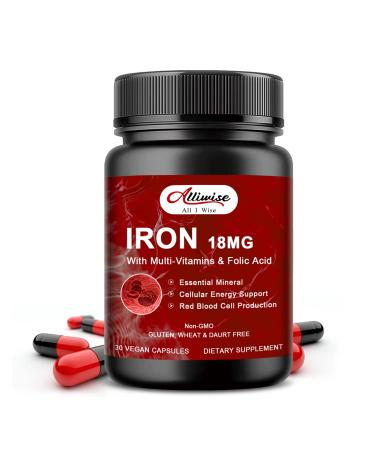 Iron 18mg Supplement for Women and Men Iron Capsule with Vitamin C A B Complex & Folic Acid Optimal Absorption Promotes Normal Red Blood Cell Production Non-GMO Vegetarian