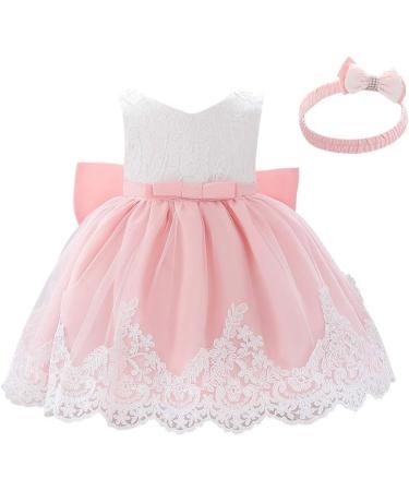 FYMNSI Baby Girl Baptism Christening Dress | Lace Floral Embroidery | Formal Party Birthday Pageant Wedding Outfit with Headband | 6-9 Months, Baby Pink - Buy Online on GoSupps.com