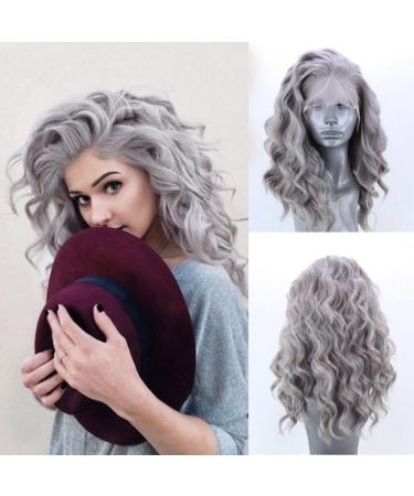 RONGDUOYI Silver Short Bob Lace Front Wigs for Women Glueless Body Wave Synthetic Heat Resistant Fiber Hair Wig 16 Inch Free Part Silver Grey Bob Wig Daily Use Cosplay Wig 16 Inch Silver Grey