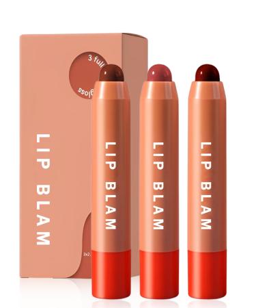 Hydrating Tinted Lip Balm-3Pcs Nude Pink Red Glossy Lip Balm Plumper Long Lasting Lipgloss Creamy Lipstick Lightweight High-Pigment Lip Stain Pen Lip Crayon Stick Christmas Makeup Gift for Women-Set A