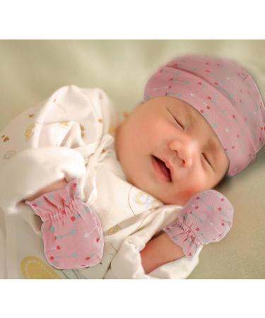 Lictin Newborn Baby Caps Mittens Set - 100% Pure Cotton, 4pcs Hats & 4 Pairs Scratch Mittens for Baby Girl 0-6 Months, Pink - Buy Online on GoSupps.com