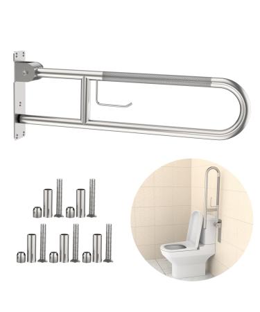 Toilet Grab Bar 30.3 Inch Munzong Brushed Nickel Anti-Slip Support Rail U Shaped Flip-Up Grab Bar with Paper Holder Stainless Steel Knurled Handicap Safety Handrails for Disabled Elderly Pregnant 30.3IN Brushed Nickel