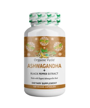 Organic Ashwagandha Capsules Full Strength with Black Pepper Extract - 120 Veg Capsules. 120 Count (Pack of 1)