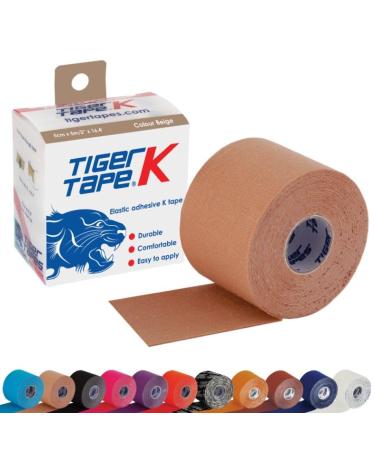 TIGERTAPES - Tiger K Tape Beige (5cm x 5m) - Kinesiology Tape Uncut Roll Elastic Therapeutic Muscle Support Tape for Exercise Sports & Injury Recovery - Water Resistant Breathable Latex Free