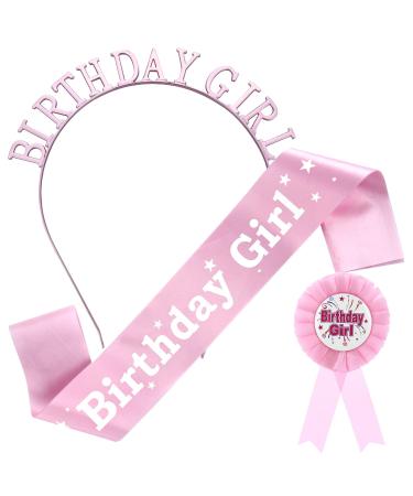 Birthday Girl Decorations Set  Abeillo Birthday Girl Crown Princess Tiara Birthday Girl Sash Birthday Badge Ribbon  Happy Birthday Girl Headband Hair Accessories  Pink