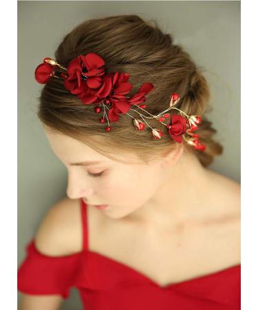 Floral Red Headband Crystal Gold Hair Vine for Wedding Bride - Boho Hair Accessory with Pearl Rhinestone Detailing - Buy Online on GoSupps.com