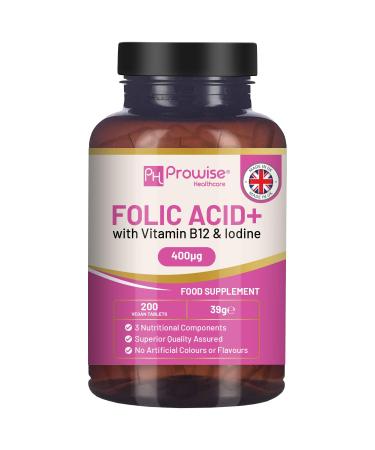 Folic Acid+ 400 mcg - Vegan Tablets with Vitamin B12 & Iodine | Vitamin B9 Tablets | Pregnancy Care Supplement - Supports Immune System & Maternal Tissue Growth | Made in UK by Prowise - Buy Online on GoSupps.com