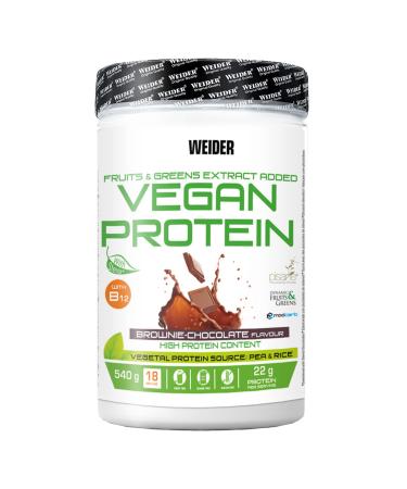Weider Vegan Protein (540g) Brownie-Chocolate Flavour. Quality Protein 100% Plant-Based 21g/Serving Pea Isolate (Pisane) & Rice. with Vitamin B12 & Stevia. Gluten Free No Sugar. (18 Servings) 540g BROWNIE CHOCOLATE