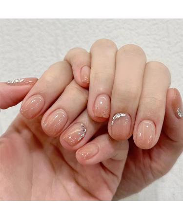 Extra Short Press on Nails  Short Round Fake Nails  Nude Pnik False Nails with Desgins  Glossy Acrylic Press on Nails Short Glue on Nails Rhinestones Acrylic Nails Glue on Static Nails for Women&Girls style6