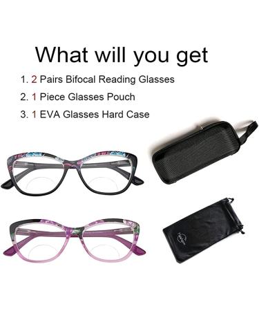 Hyyiyun Cat-eye Bifocal Reading Glasses Women 2 Pairs Spring Hinge Designer Floral Frame Readers - Purple & Black Flower Pattern 2.5x - Buy Online on GoSupps.com