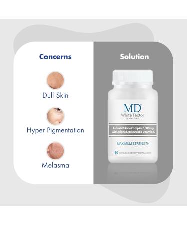 MD White Factor - Premium Glutathione Supplement with Antioxidants Vitamin C & Lipoic Acid | 60 Capsules - Boost Your Wellness - Buy Online on GoSupps.com