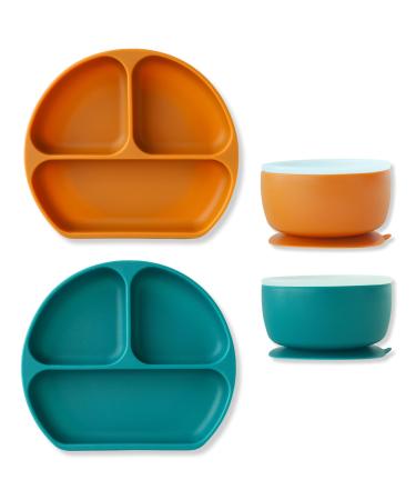 Silicone Suction Plate & Bowl Set 4 Pack 2 Plates 2 Bowls Silicone Baby Feeding Set Baby/Toddler Tableware Microwave Dishwasher Safe Divided Plate BPA Free (Blueberry Fig)