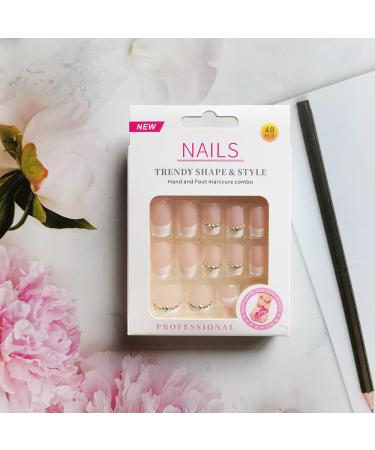 White Rhinestone French Tip Press on Toenails - 48Pcs Full Cover False Nails for Women - Buy Online on GoSupps.com