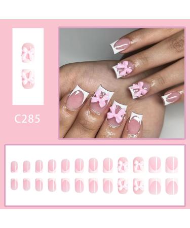 Shop 24 Pcs Bows Press on Nails - Short Square Fake Nails with 3D Resin Bow Charm & Glossy Finish - Reusable Pink French Tip for DIY Manicure - Buy Online on GoSupps.com