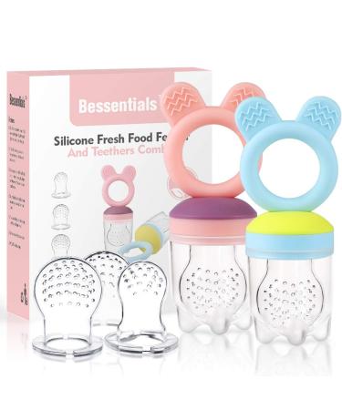 Baby Fruit Food Feeder Pacifier - 2 Packs Silicone Fresh Fruit Feeder BPA Free All Sizes Silicone Food Pouches Included (Blue&Pink) Blue and Pink