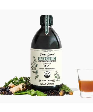 Flora Biome - Live Probiotic Prebiotic & Postbiotic Organic Live-Culture 10 Probiotic Strains 18 Fermented Herbs - Complete Gut Health & Microbiome Optimizer (16 oz)