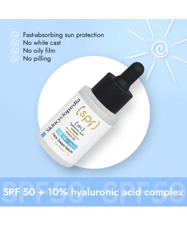 Skincyclopedia SPF 50 Face Moisturiser Sunscreen with 10% Hyaluronic Acid Complex Ground-breaking SPF 50 Sun Cream Serum for Very High UV Protection and Concentrated Hydration 30ml - Buy Online on GoSupps.com