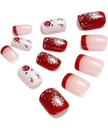 Vatocu Christmas False Nails - Short Red Snowflake & Elk Press on Nails | Snowman Acrylic Stick on Nails for Women & Girls (24pcs) - Buy Online on GoSupps.com