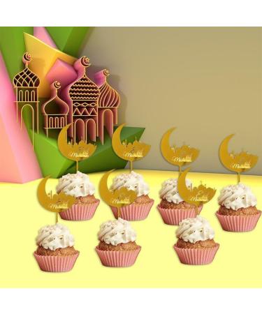 Eid Mubarak Cupcake Toppers 10pcs Eid Acrylic Cupcake Topper Ramadan Cake Decorations Kareem Party Supplies for Muffin Cake Gold - Buy Online on GoSupps.com