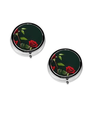 (Red Roses) Round Pill Box 3 Compartment Pill Box Mini Decorative Pocket Purse Portable Travel Medicine Tablet Vitamin Holder Organizer Pill Case