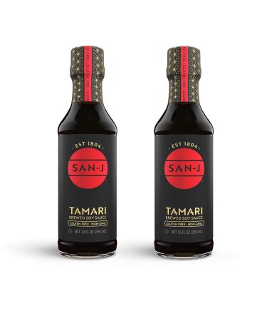 San-J Gluten Free Tamari Soy Sauce, Black Label | Vegan, Kosher, Non-GMO, No Artificial Preservatives | Made with 100% Soy | Perfect for Marinades & Stir-Fry | 10 Fl Oz (Pack of 2)