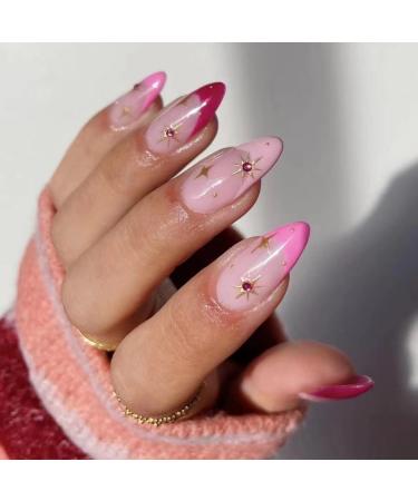 JUSTOTRY 24 Pcs Stiletto False Nails Medium with Star Pink and Red French Press on Nails Pattern Fake Nails Short with Nail Glue Almond Stick on Nails for Women Nails Fake Nail for Nails Art pink&stars1
