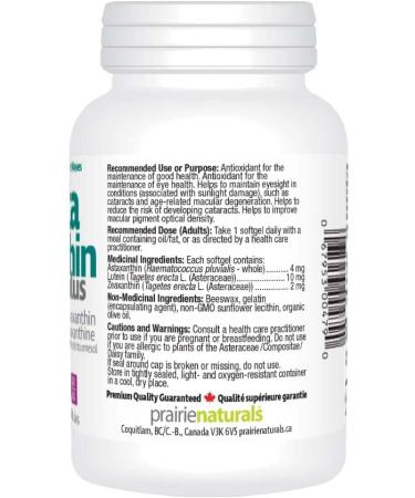 Prairie Naturals Astaxanthin Plus 4mg Astaxanthin Lutein & Zeaxanthin Softgel helps to maintain eyesight prevent cataracts and age-related macular degeneration reduces the risk of developing cataracts improves macular pigment optical density protect the e - Buy Online on GoSupps.com