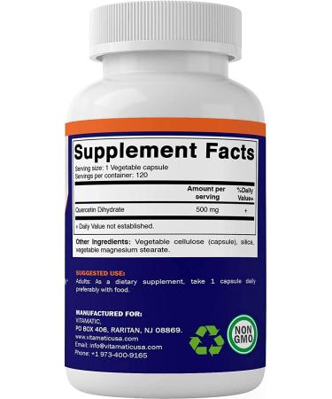 Vitamatic Quercetin 500mg - 120 Vegetarian Capsules | Cardiovascular & Immune Support | Non-GMO, Gluten-Free, Vegan - Buy Online on GoSupps.com