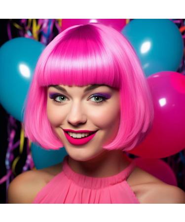 LIULIUBTY Short Bob Neon Wig with Flat Bangs - 14 Synthetic Colorful Cosplay Daily Party Hair + Free Wig Cap - Pink - Buy Online on GoSupps.com