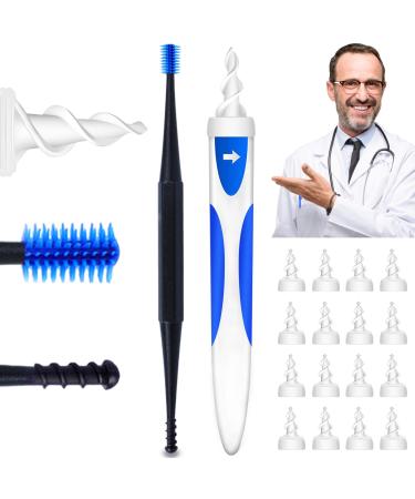 Q Grips Earwax Remover 2 in 1 Safe Ear Wax Removal Tool, Spiral Ear Cleaner with 16 Pcs Soft Replacement Tips Earwax Removal Kit Ear Wax Remover for Adults and Kids Bule