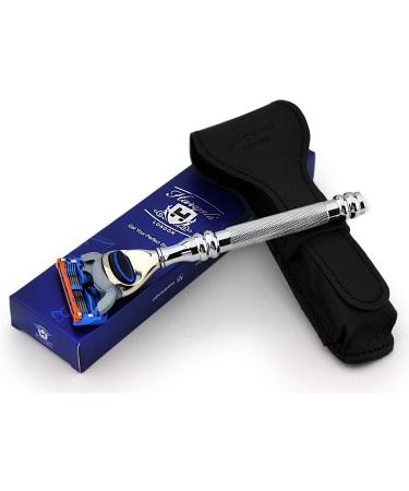 Premium Stainless Steel 5-Edge Cassette Shaver Knife & Leather Cover | Men's Wet Shaving Essentials | Perfect for On-the-Go Care - Buy Online on GoSupps.com