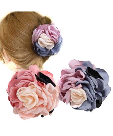 2PCS Sweet Large Rose Flower Hair Claws Beauty Ribbon Bow Hair Clips Headwear Hair Jewelry for Women Accessories (Pink + Pink blue)