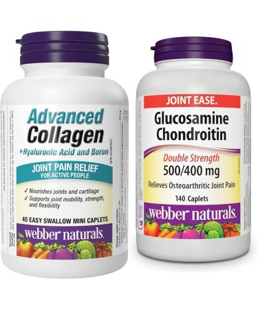 Webber Naturals Advanced Collagen with Hyaluronic Acid and Boron 40 Mini Caplets & Glucosamine Chondroitin Double Strength 140 Caplets Helps Relieve Joint Pain Associated with Osteoarthritis