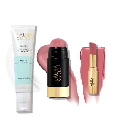 LAURA GELLER NEW YORK Hydration Heroes Kit: Spackle Primer Hydrate + Jelly Balm Tinted Lip Balm In the Buff + Serum Blush Cheek Tint (In the Buff Lip Balm + Practical Pink Blush)