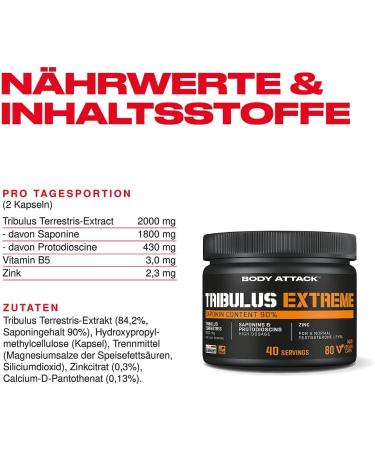 Buy Body Attack Tribulus Extract - 80 Capsules | High-Dose 2000mg Tribulus Terrestris | 90% Saponins | Premium Sports Performance | Made in Germany - International Shipping - Buy Online on GoSupps.com
