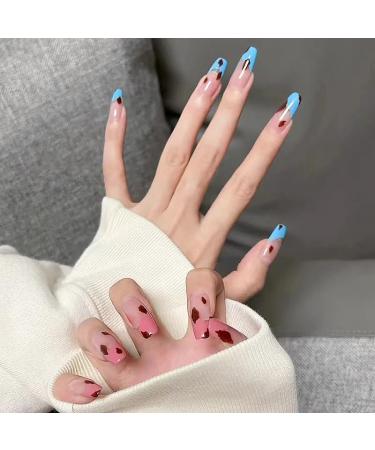 24Pcs/Set Press On Nails Blue red mandarin duck color long False Nails Acrylic Fake Nails Full Cover Nails Tips Artificial Finger Manicure Press on nails for Women and Girls
