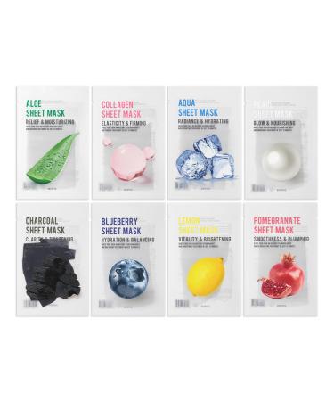 EUNYUL Purity Sheet Mask Variety Pack 40 Count (8 Types x 5 Sheets) Hydrating & Nourishing Korean Face Masks with Aloe Charcoal Collagen Lemon Pomegranate Pearl Blueberry Aqua 1 Count (Pack of 40)