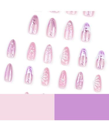 24Pcs Purple Flower Almond Press on Nails with 3D Pearl - Medium Acrylic French Nails for Women & Girls - Glossy Full Cover Stick on Nails A04 - Buy Online on GoSupps.com