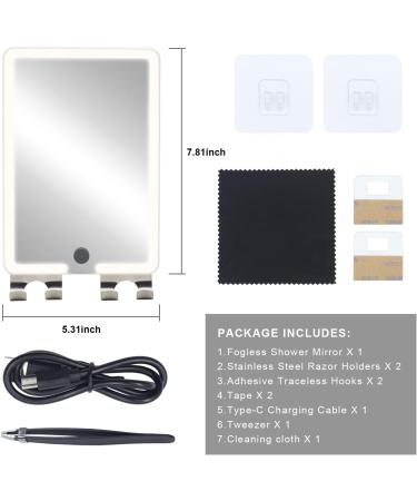 Fogless Electric Heated Shower Mirror with LED Light, 2 Razor Holders | Rechargeable 8 X 5.5inch White - Buy Online on GoSupps.com