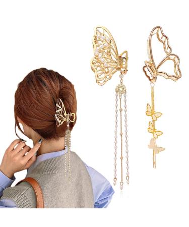 Butterfly Hair Clips Butterfly Metal Hair Claw Clip Big Nonslip Gold Hair Clamps Hair Accessories Butterfly Tassel Design Hair Catch Clip Large Hair Stylish Barrettes Jewelry Hair Supplies(2PCS) A: Butterfly(2PCS)