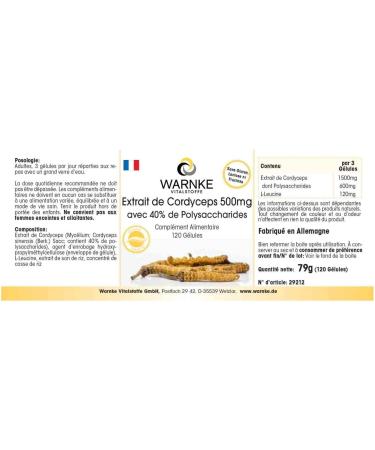 Cordyceps Sinensis 500mg - 120 capsules - vital mushroom extract - standardized to 40% polysaccharides - vegan | Warnke Vitalstoffe - Quality from German pharmacies - Buy Online on GoSupps.com