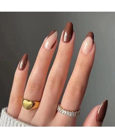 Brown Press on Nails Almond French Tip Fake Nails with Glue Acrylic Glue on Nails with Designs ombre Natural Manicure False Nail for Women Gel Stick ons Nails for Wedding Birthday KDLA88
