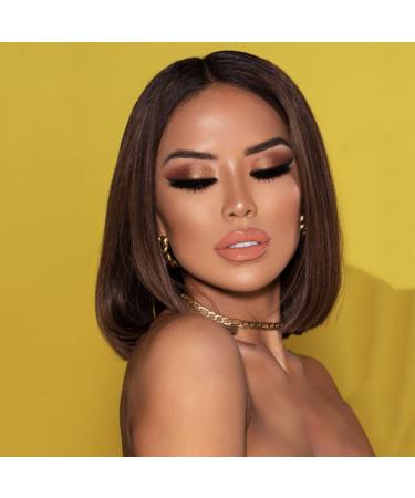 PORSMEER Short Bob Synthetic Hair Wigs with Bangs 12 Inch Natural Brown Wigs Straight Hair Wig